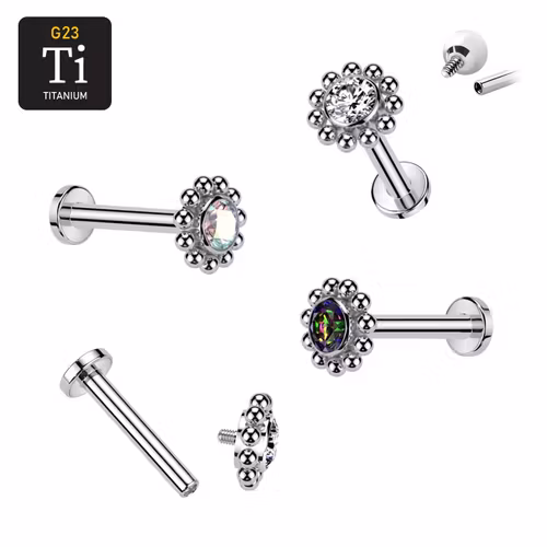 Labret i titanium 1.2mm - Bollkluster / blomma med cubic zirconia