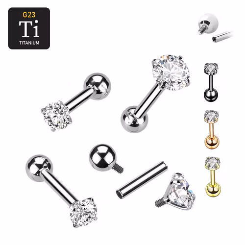 Tragus / helix Barbell i titanium invändigt gängad med prong-set klar cubic zirconia