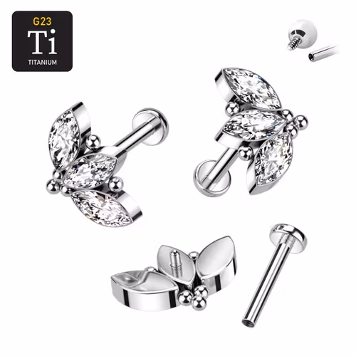 Labret i titanium 1.2mm - 3st navettslipade cubic zirconia och bollkluster