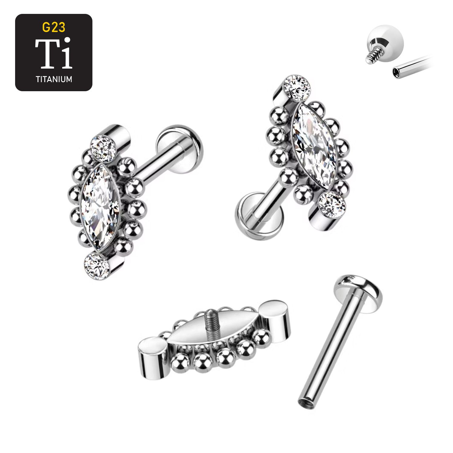 Labret i titanium 1.2mm - Topp med 2st runda och 1 navettslipad cubic zirconia