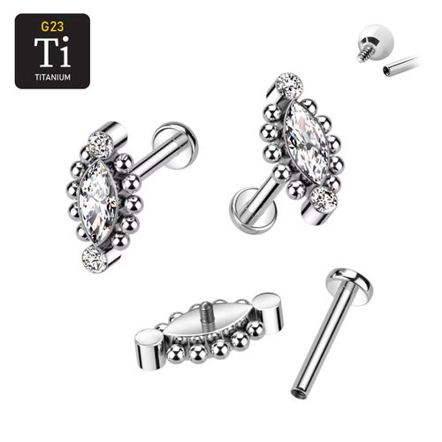 Labret i titanium 1.2mm - Topp med 2st runda och 1 navettslipad cubic zirconia