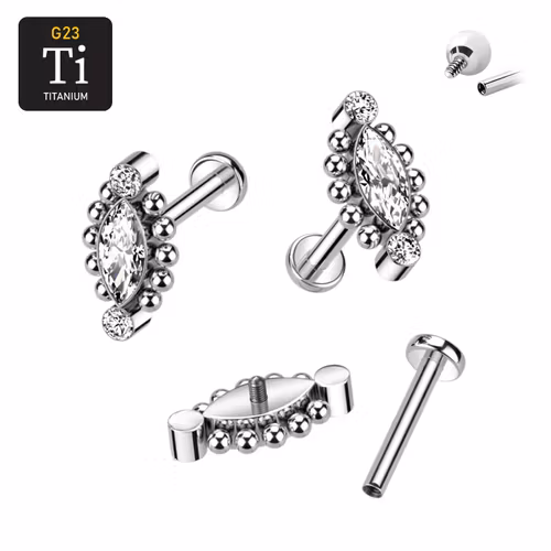 Labret i titanium 1.2mm - Topp med 2st runda och 1 navettslipad cubic zirconia