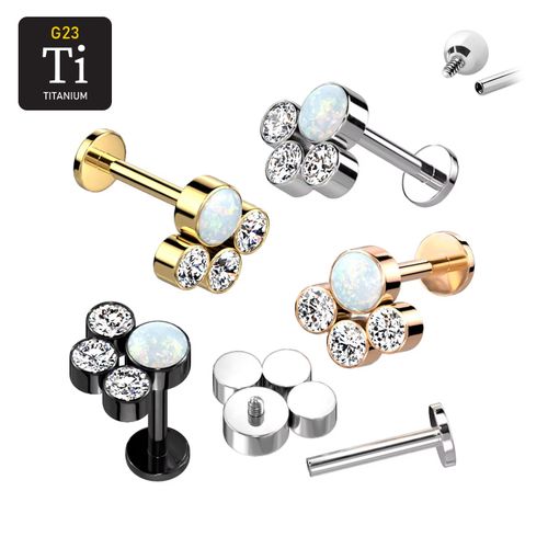 Labret i titanium 1.2mm - Topp med 3st runda cubic zirconia och 1st opal