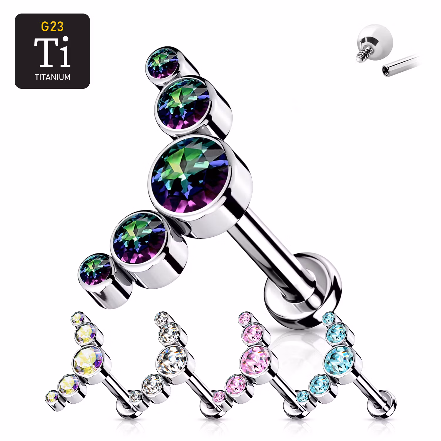 Labret i titanium 1.2mm - Böjd topp med 5st runda cubic zirconia