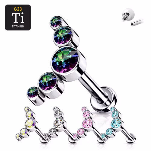 Labret i titanium 1.2mm - Böjd topp med 5st runda cubic zirconia