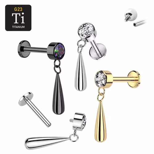 Labret i titanium 1.2mm - Rund CZ och droppformat hänge