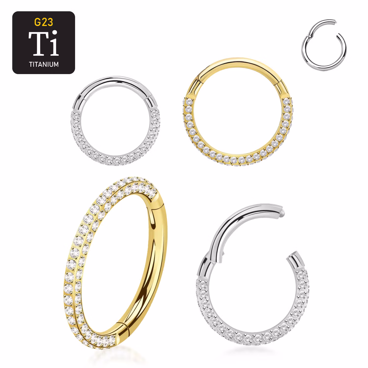 Segmentring i titanium med gångjärn och trippla rader klar cubic zirconia