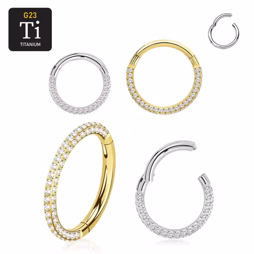 Segmentring i titanium med gångjärn och trippla rader klar cubic zirconia