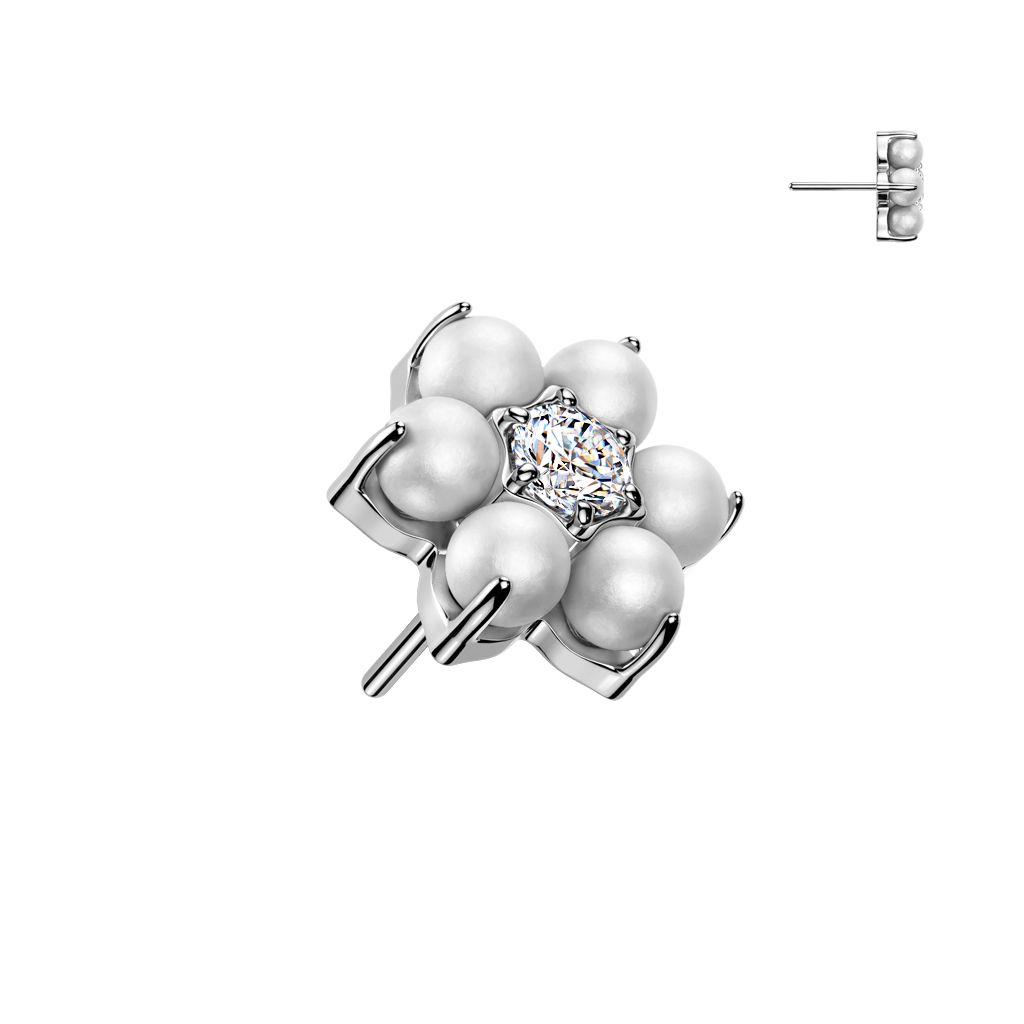 Threadless topp i titanium - Blomma med pärlor och klar cubic zirconia