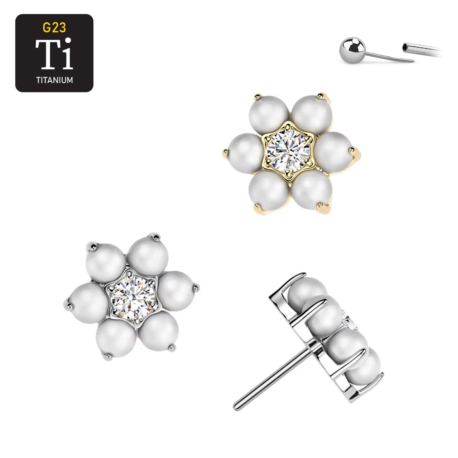 Threadless topp i titanium - Blomma med pärlor och klar cubic zirconia