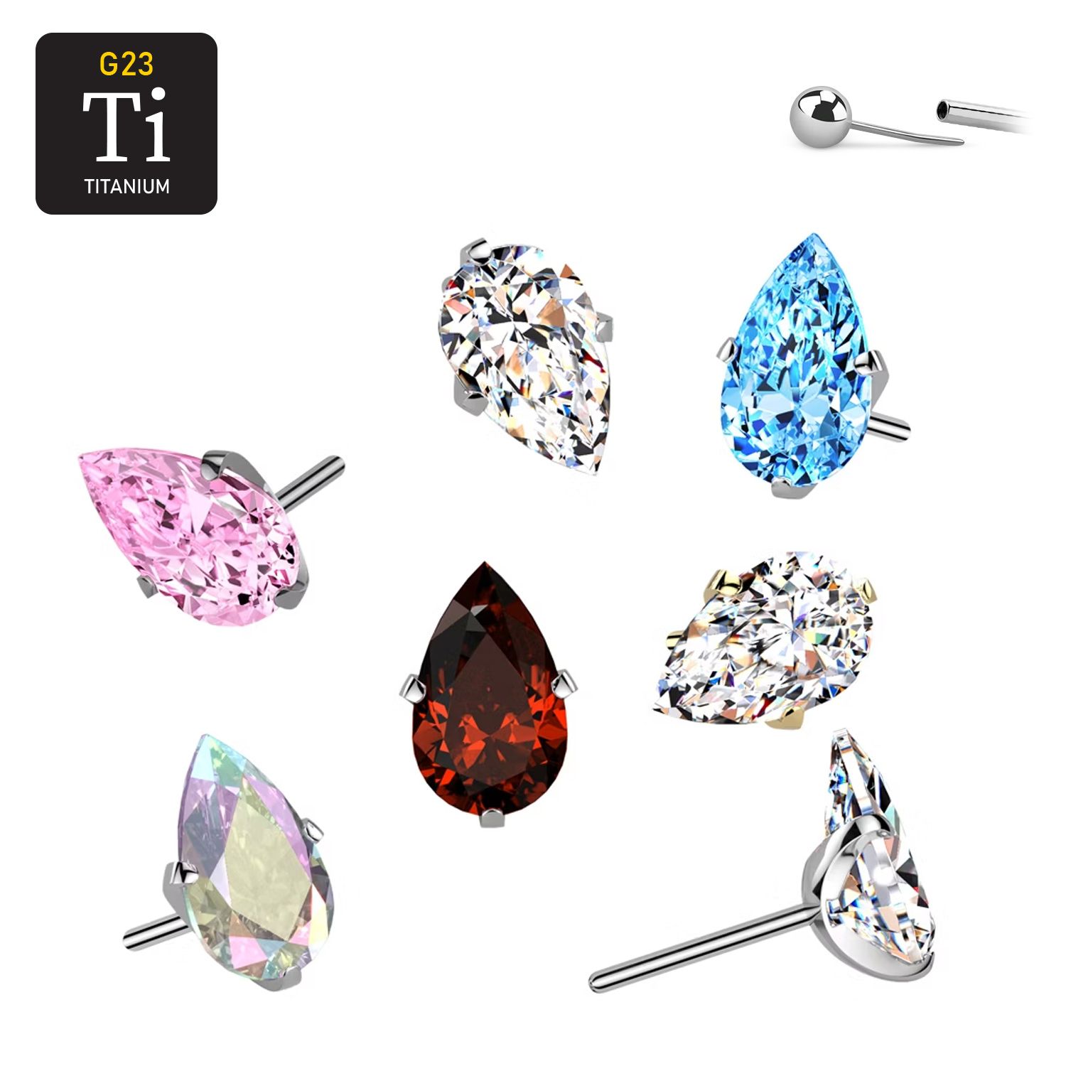 Threadless topp i titanium - droppformad 3x5mm cubic zirconia