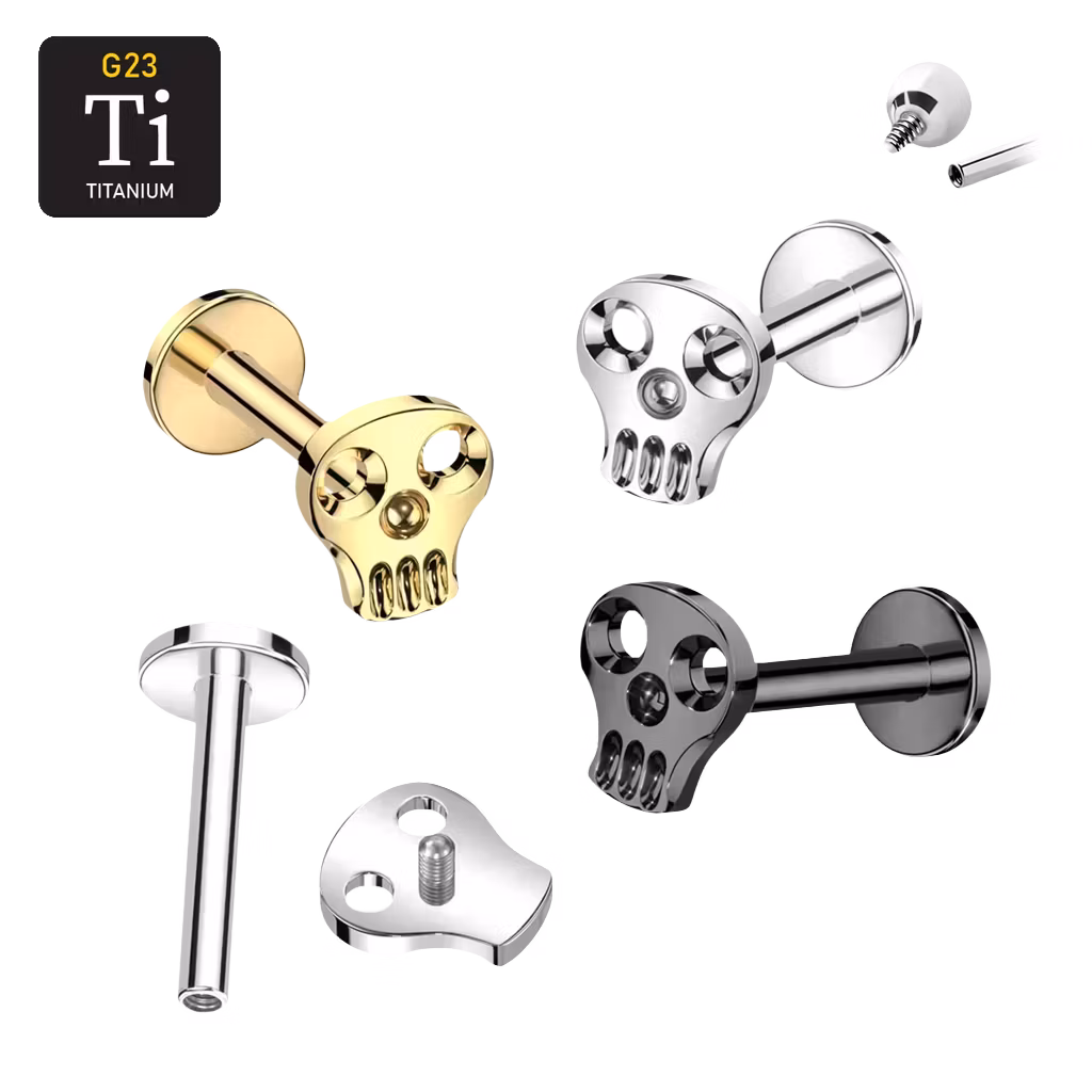 Labret i titanium 1.2mm - Topp med ihålig dödskalle