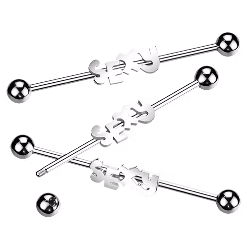 Industrial Barbell 1.6mm med 5mm kulor och text "SEXY"