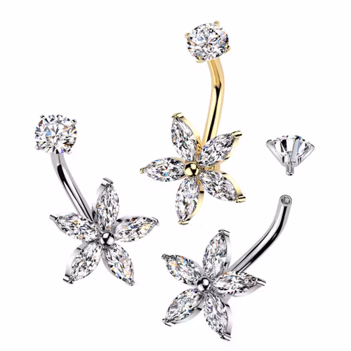 Navelsmycke i kirurgiskt stål - Blomma med navettslipad cubic zirconia