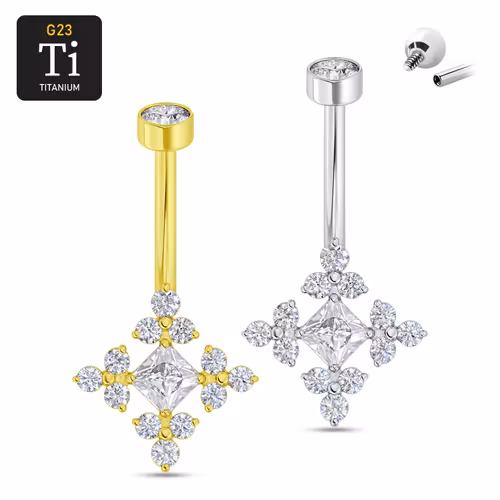 Navelsmycke titanium - Trinitykluster runt fyrkantig cubic zirconia