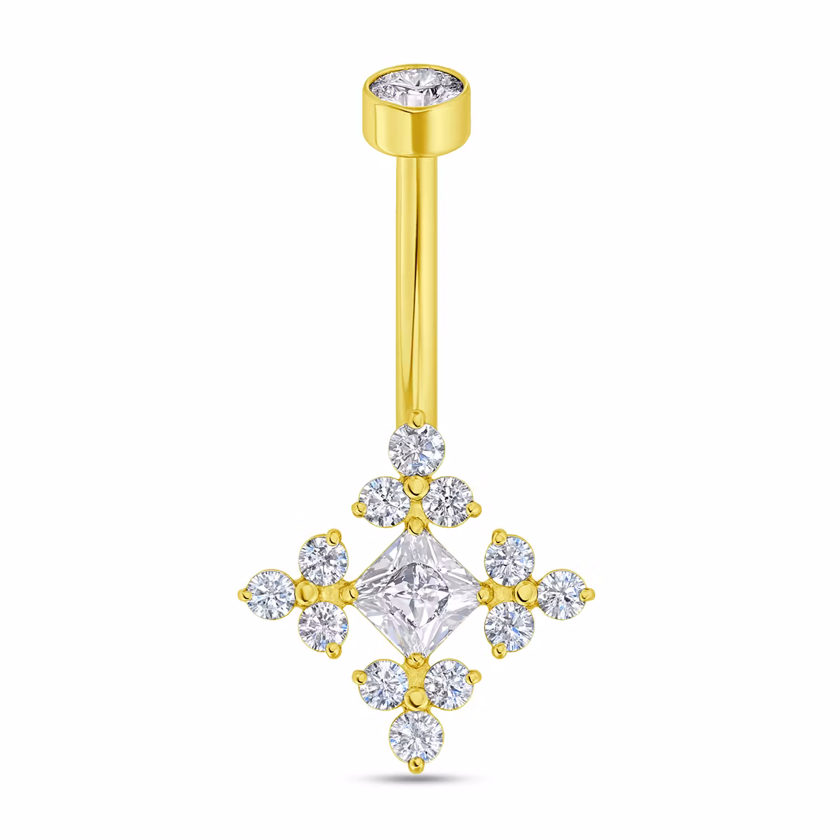 Navelsmycke titanium - Trinitykluster runt fyrkantig cubic zirconia