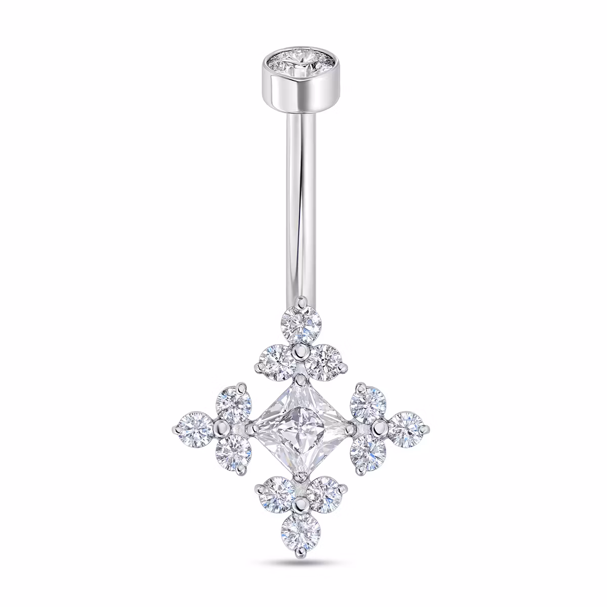 Navelsmycke titanium - Trinitykluster runt fyrkantig cubic zirconia