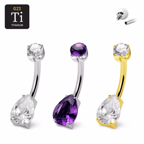 Navelsmycke i titanium - Droppformad cubic zirconia