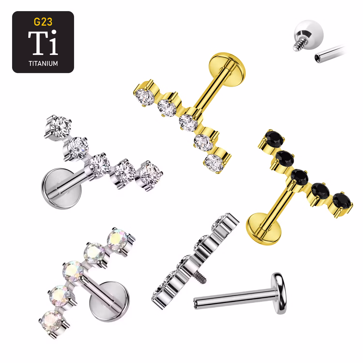 Labret i titanium 1.2mm - Böjd topp med 5st cubic zirconia