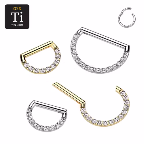 D-formad segmentring 1.2mm i titanium med gångjärn - front med cubic zirconia