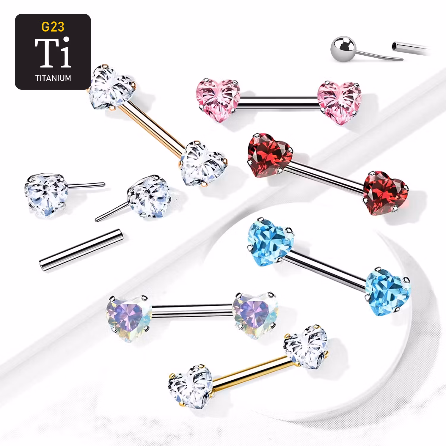 Titanium threadless barbell 1.6mm med 6mm hjärtformad cubic zirconia