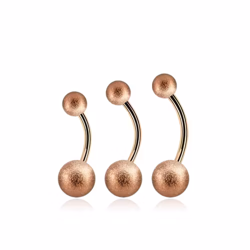 Banana / navelsmycke i roséguld PVD-pläterad kirurgiskt stål utvändigt gängad med 5mm och 8mm frostade kulor