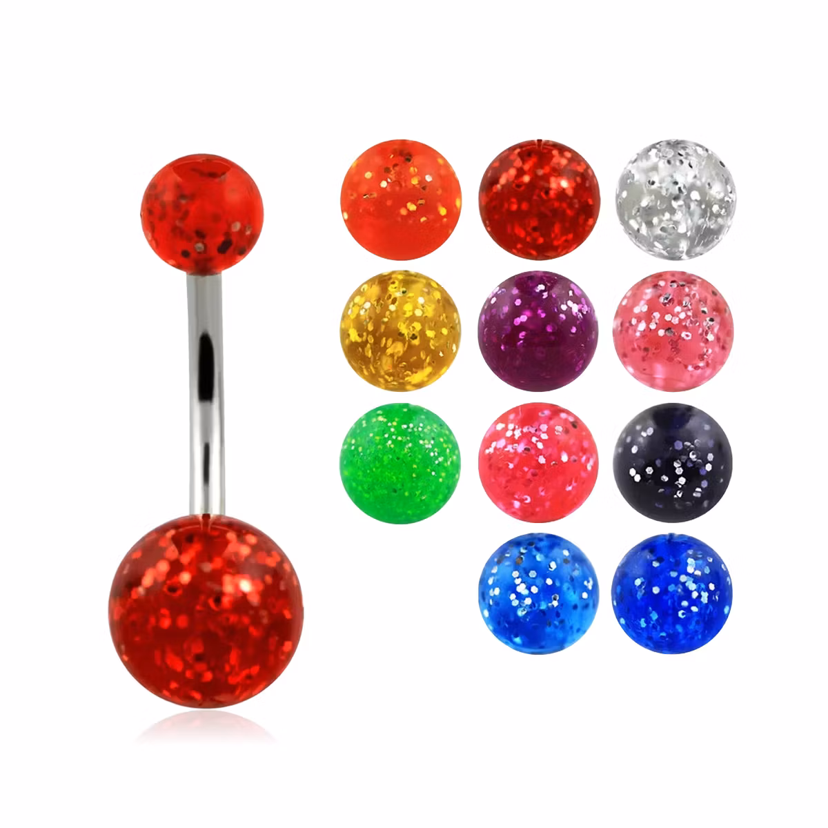 Banana / navelsmycke med 5mm och 8mm glitterkulor