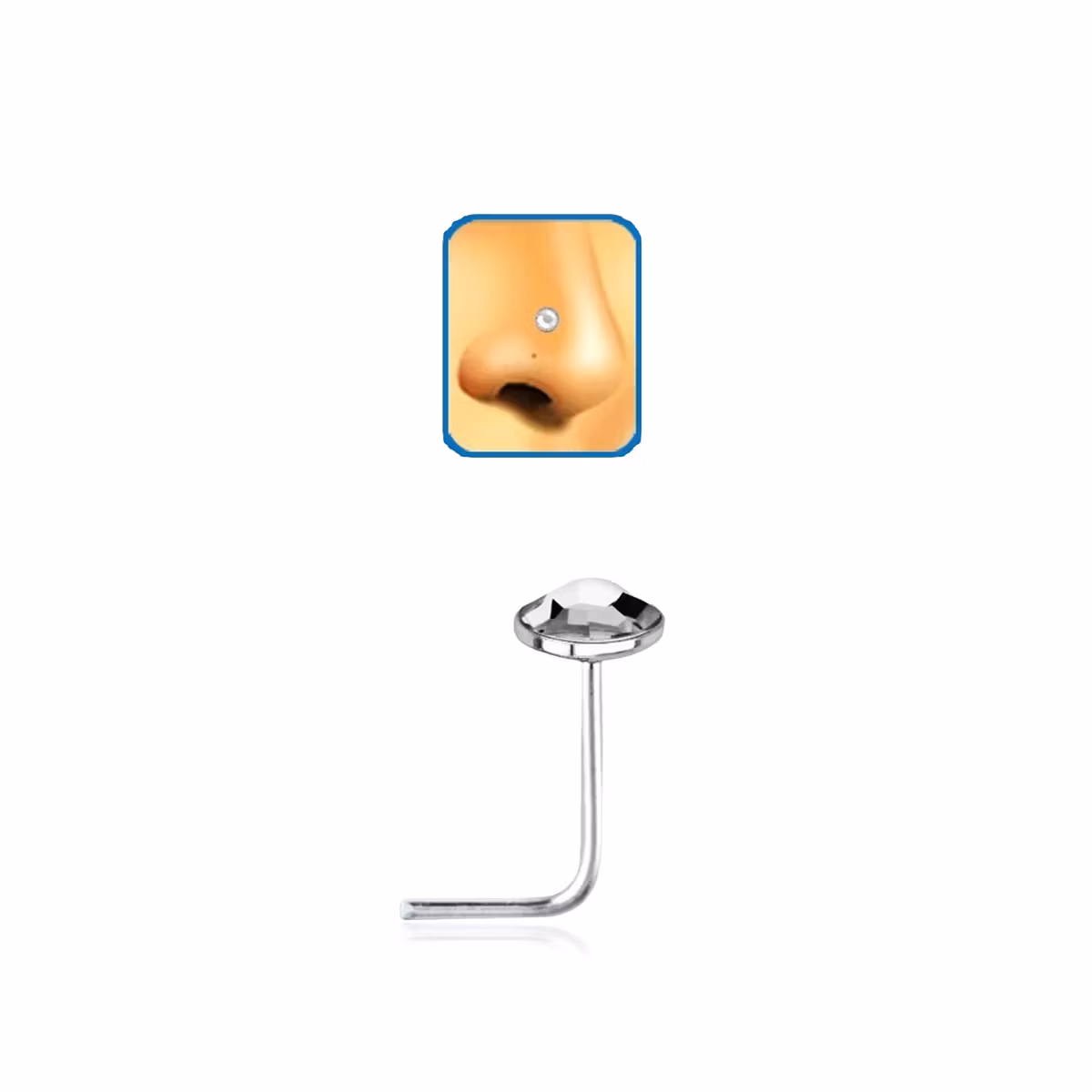 Näspin i 925-silver 0.6mm L-böjd med 3mm klar crystal