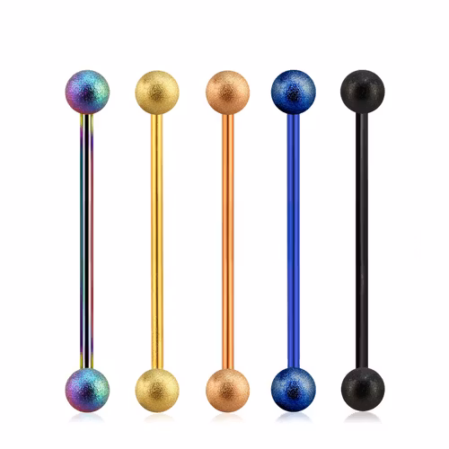 Industrial barbell 1.6mm i PVD-pläterad kirurgiskt stål med frostade 5mm kulor