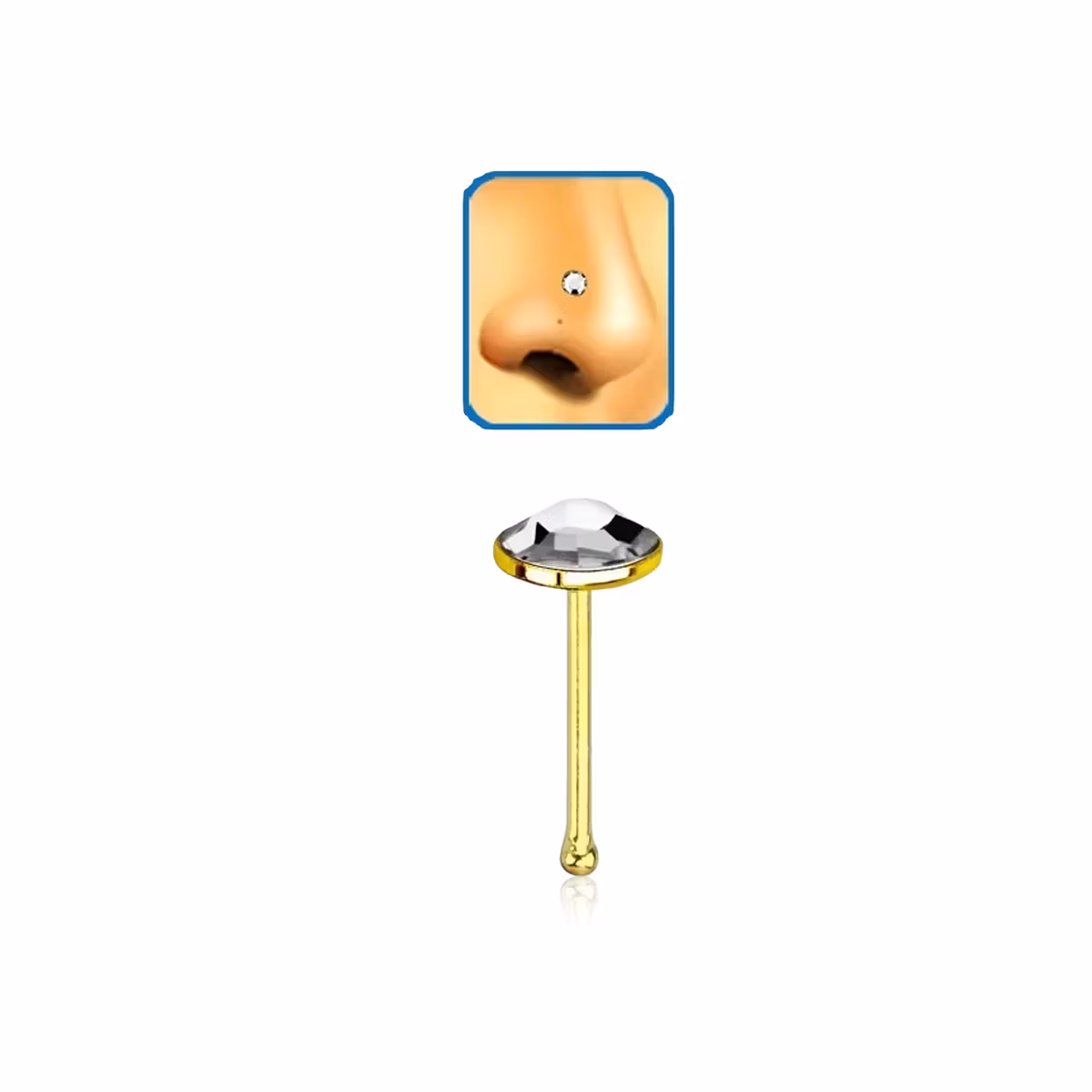 Näspin i guldpläterad 925-silver 0.6mm "nose bone" med 3mm klar crystal