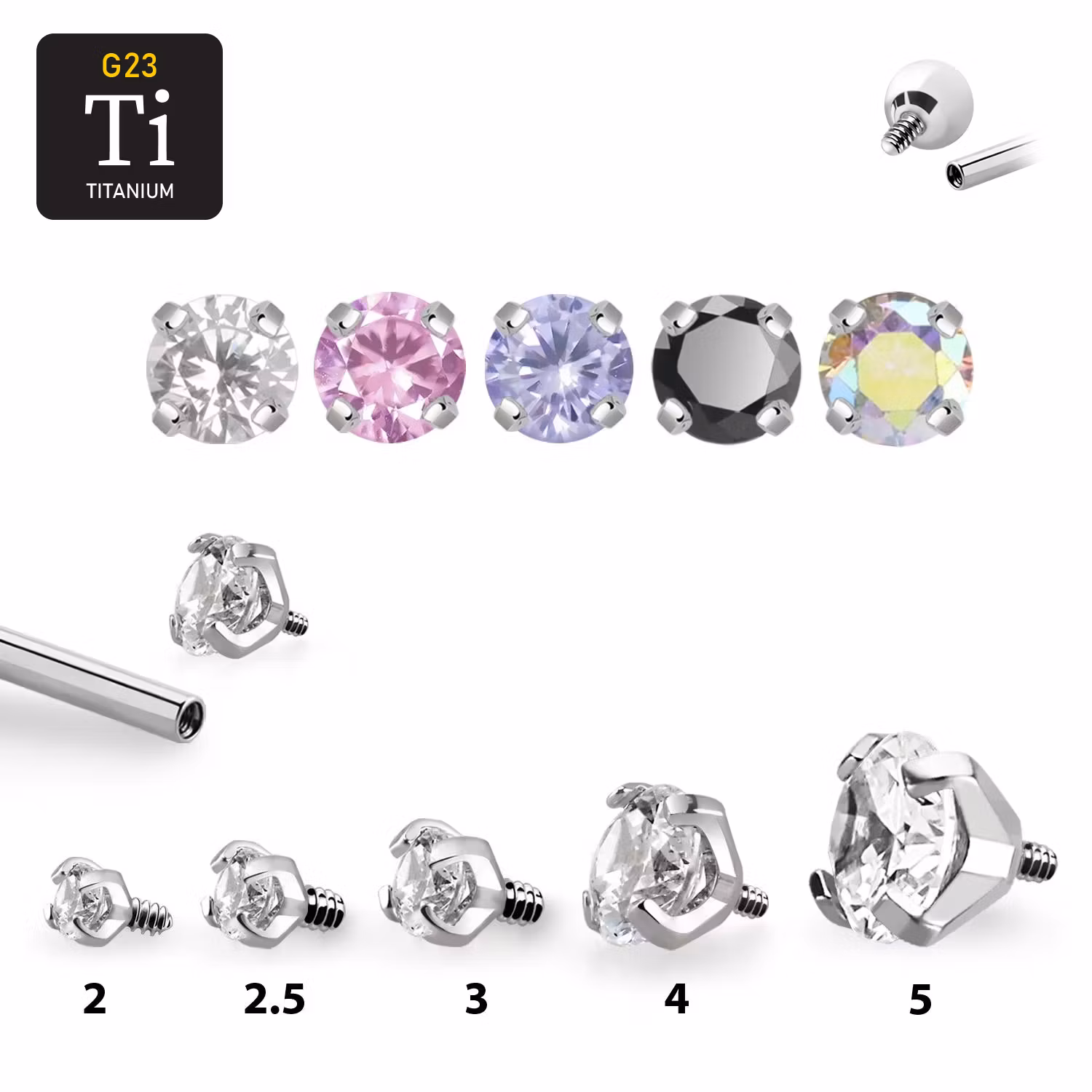 Titanium topp för 0.9mm gänga med prong-set CZ