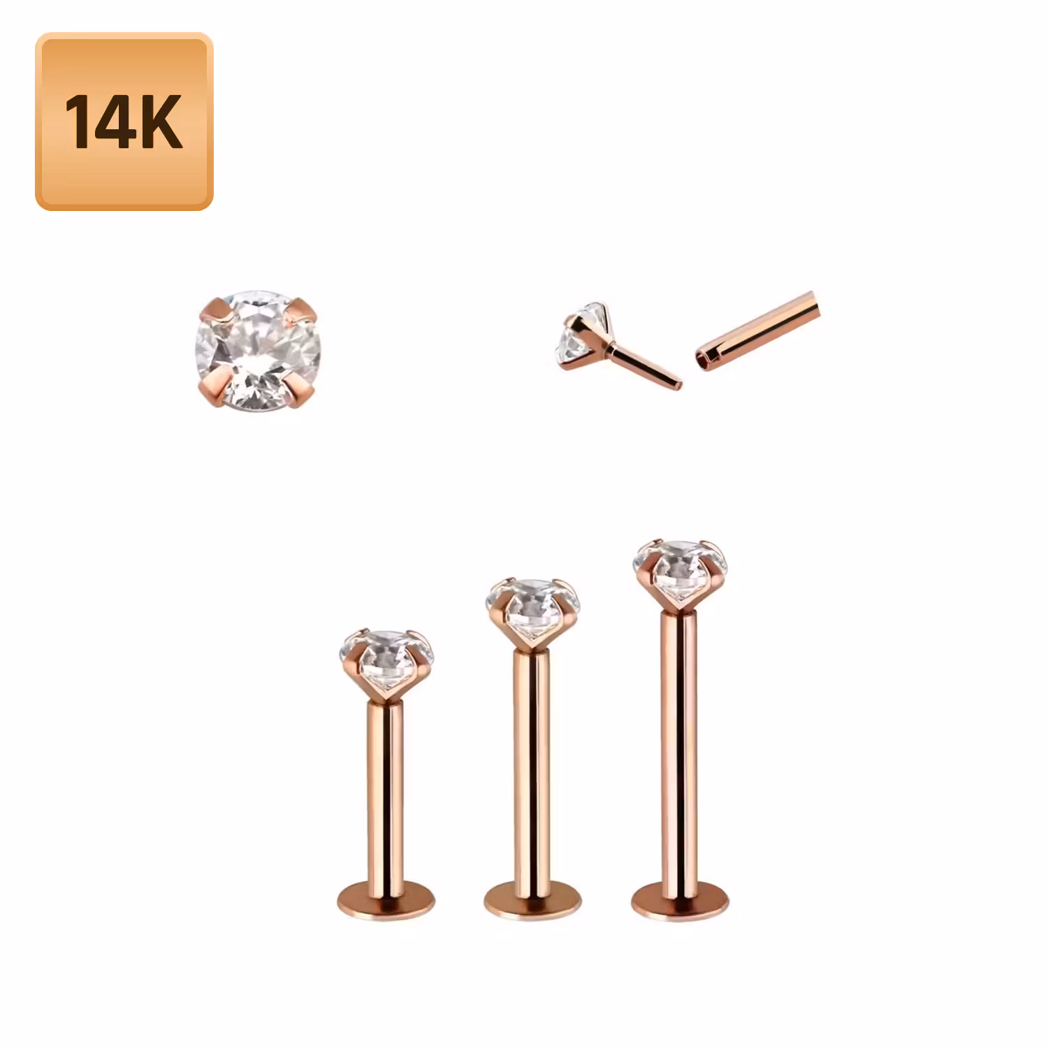 Labret i äkta 14 karat roséguld med rund "prong-set" cubic zirconia