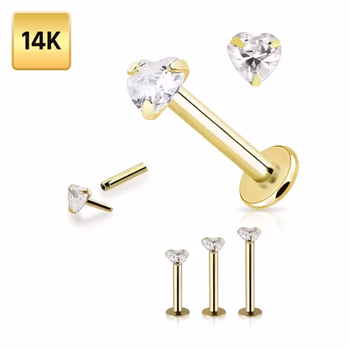 Labret i äkta 14 karat guld med hjärtformad "prong-set" cubic zirconia
