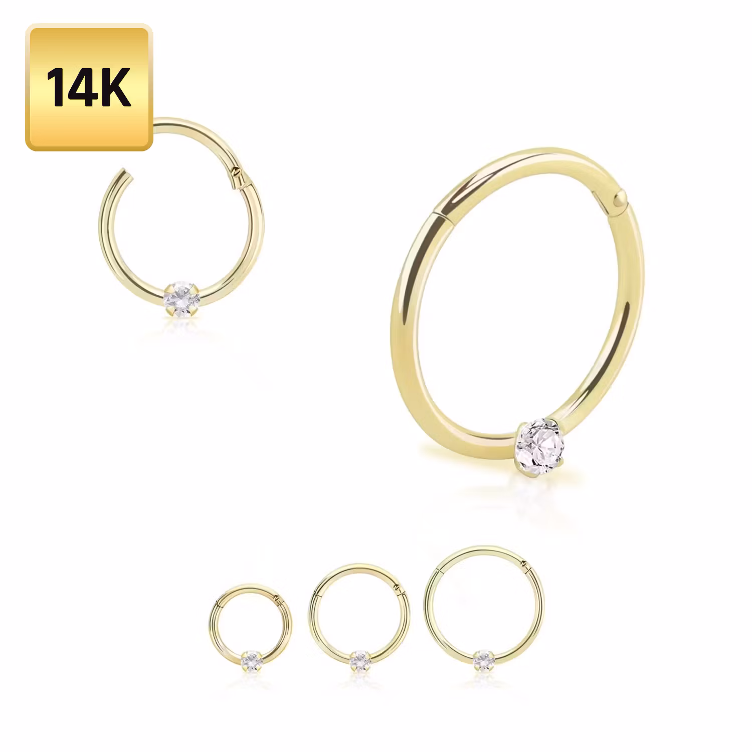 Clicker ring med gångjärn 1.0mm äkta 14 karat guld 2mm cubic zirconia