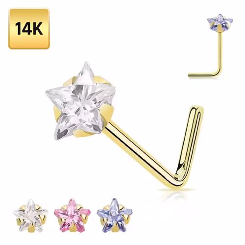 Nässmycke "L-böjd" i äkta 14 karat guld med 3mm stjärnformad cubic zirconia