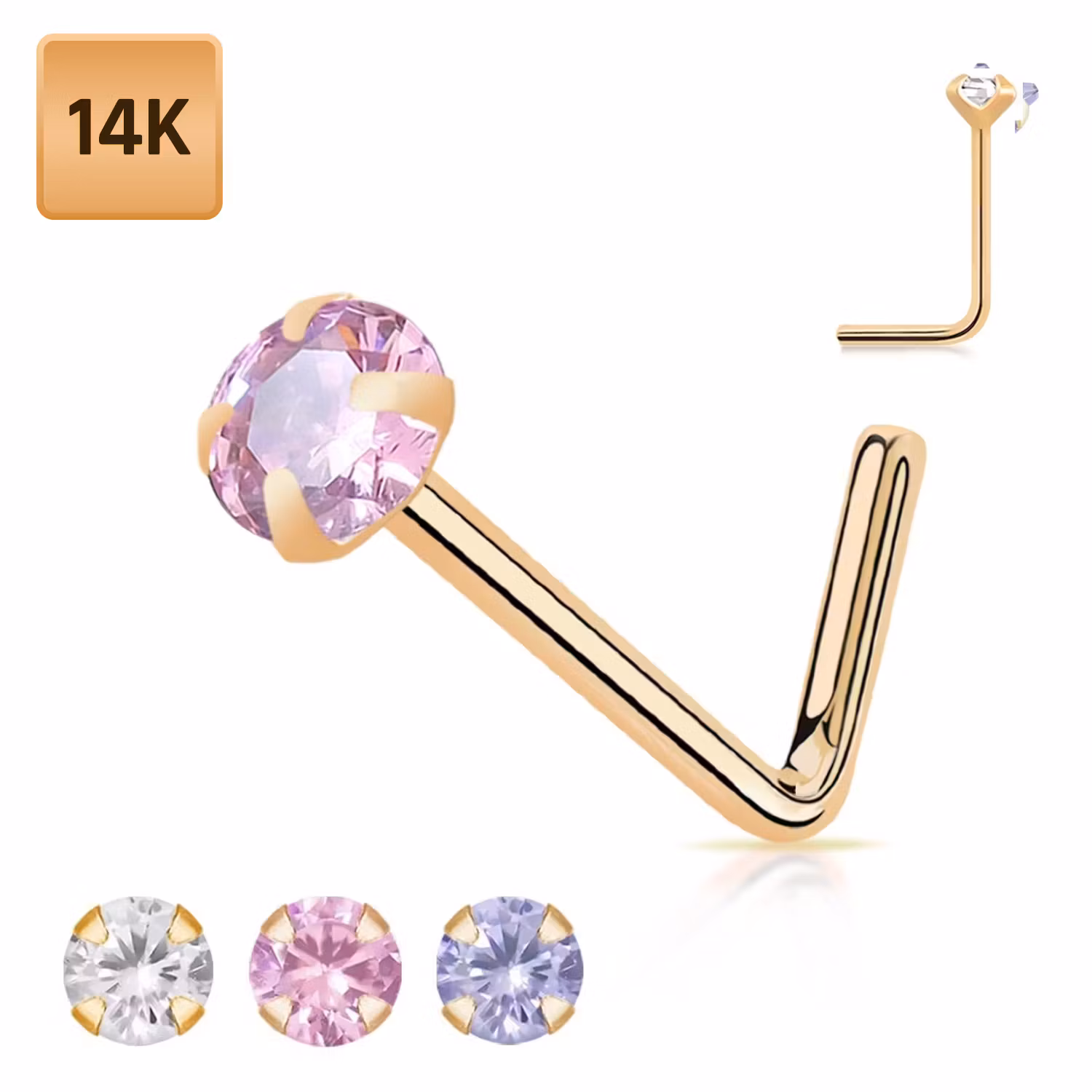 Nässmycke "L-böjd" i äkta 14 karat roséguld med 2mm cubic zirconia