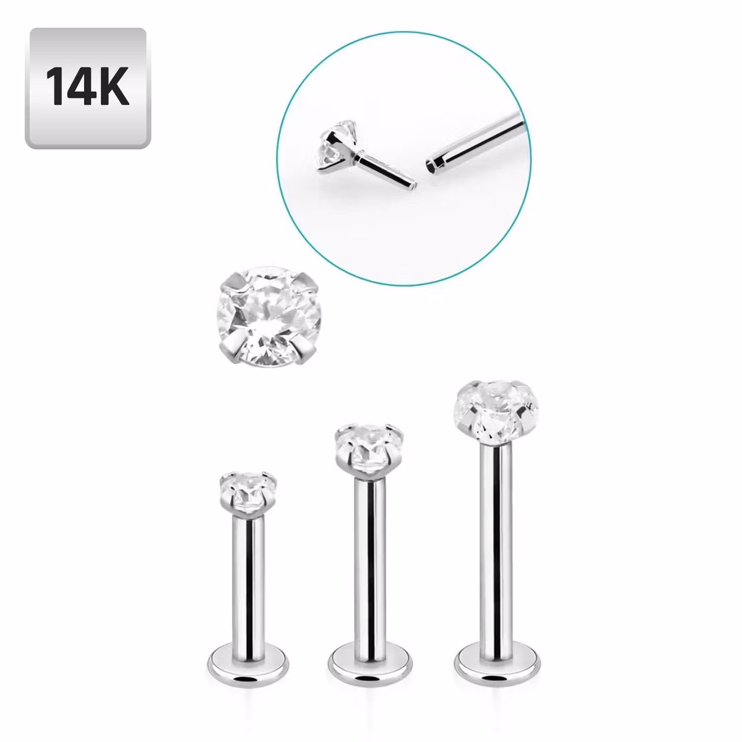 Labret i äkta 14 karat vitt guld - rund klar cubic zirconia