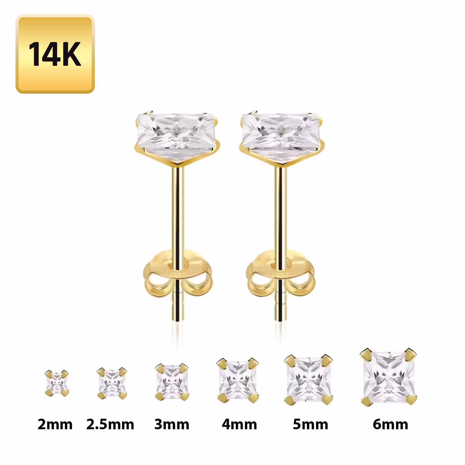 Örhänge i äkta 14 karat guld - fyrkantig klar cubic zirconia (par)