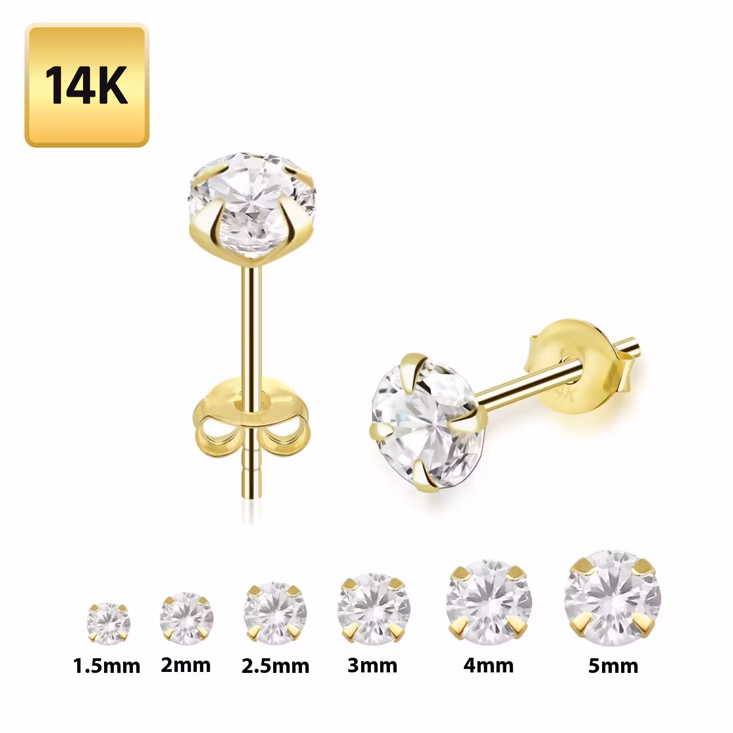 Örhänge i äkta 14 karat guld - rund klar cubic zirconia (par)