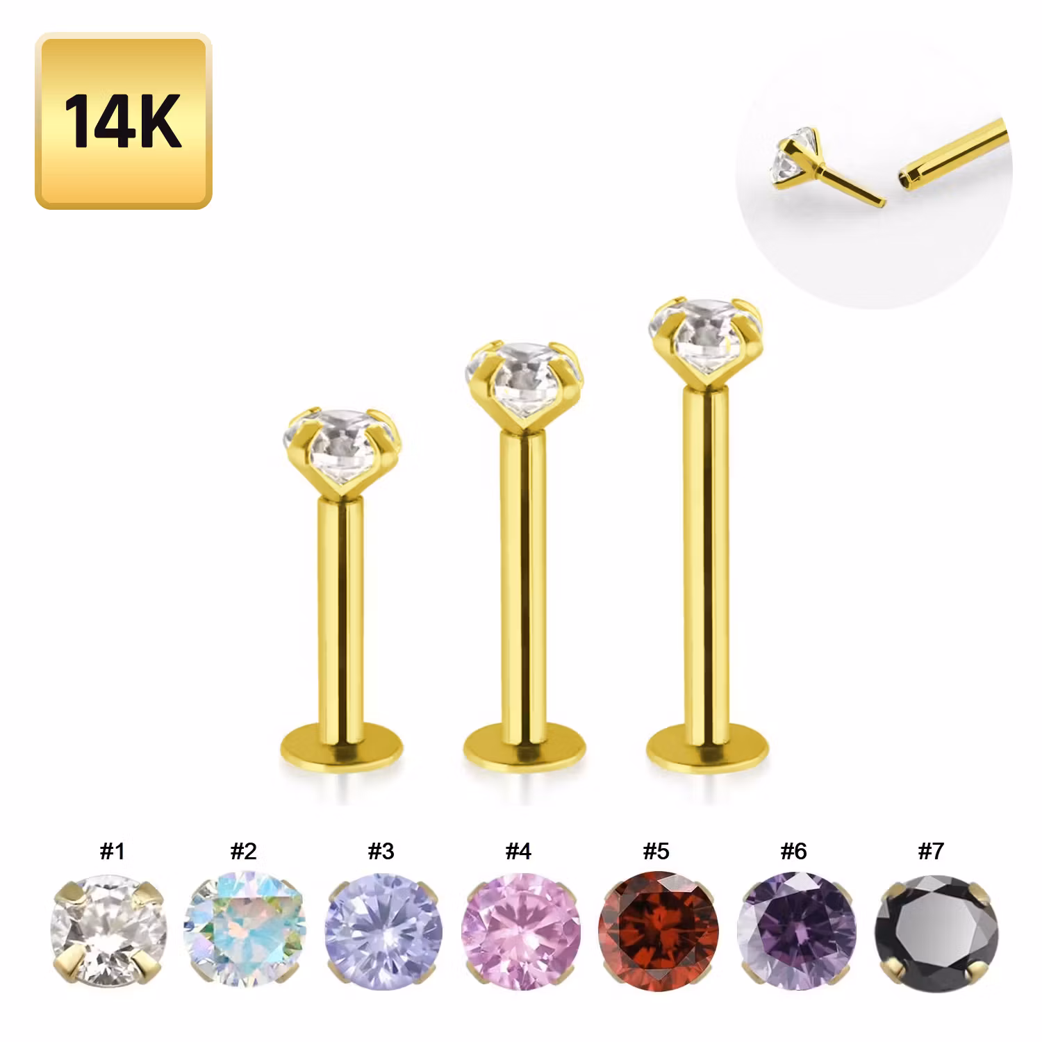 Labret / Monroe 1.2mm i äkta 14 karat guld med cubic zirconia