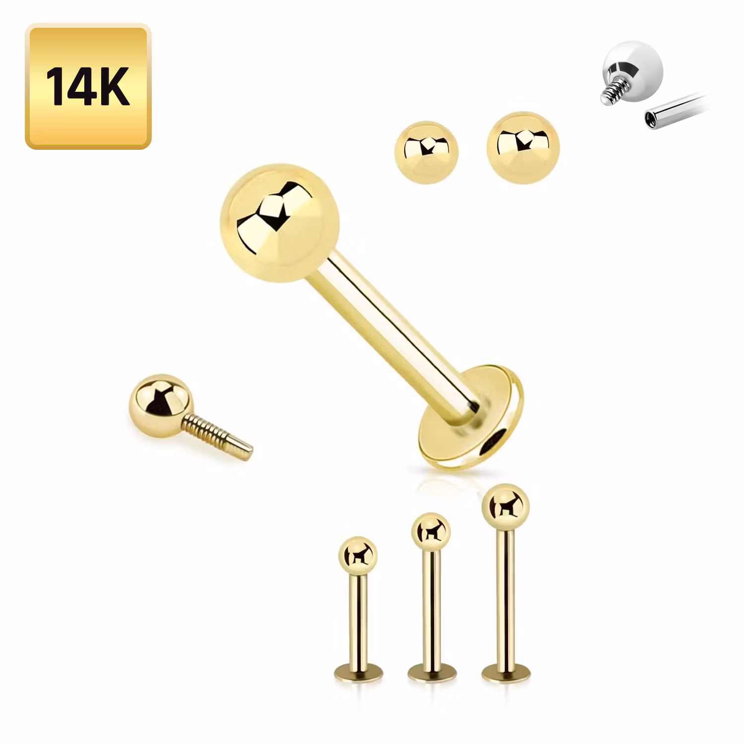 Labret 1.2mm med 2.5 eller 3mm kula - invändigt gängad äkta 14 karat guld