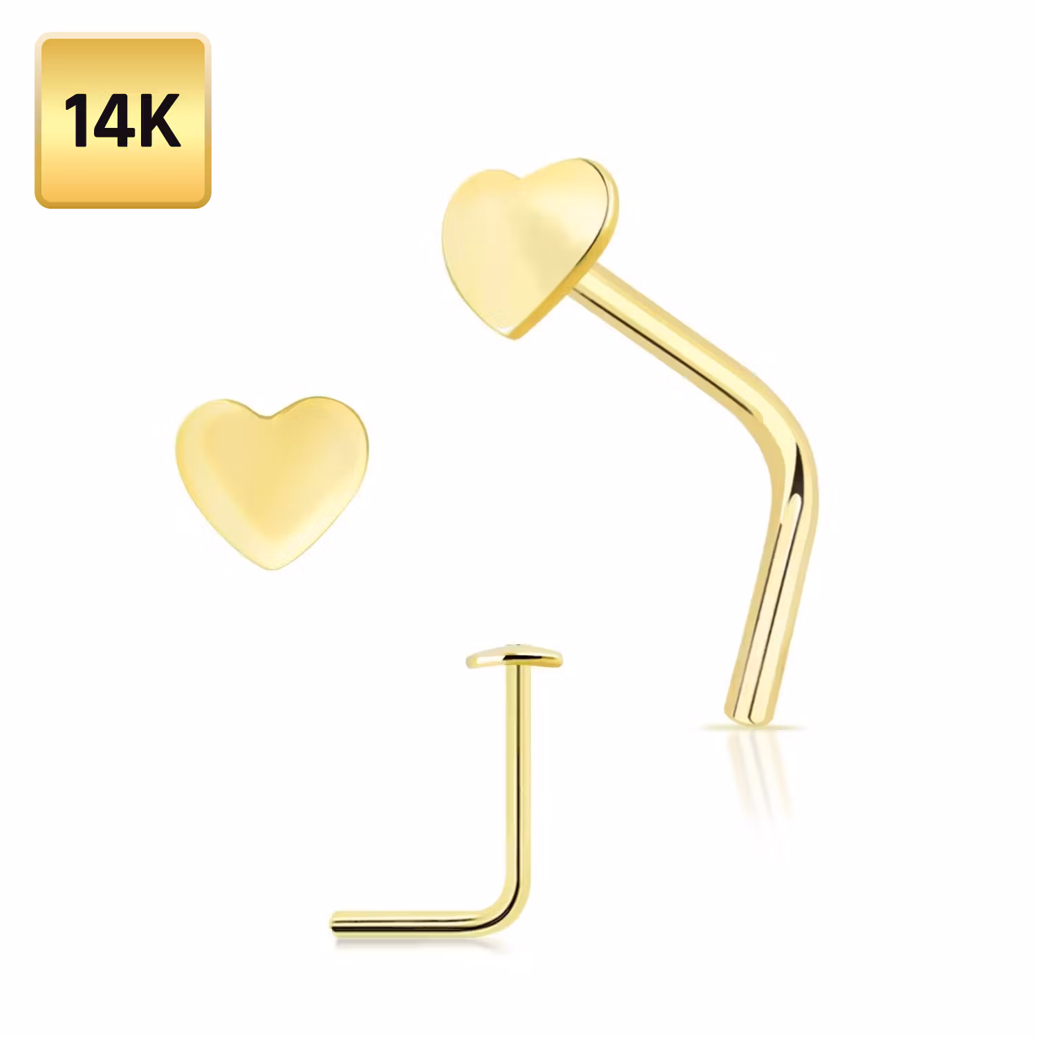 L-böjd nässmycke 0.6mm i äkta 14 karat guld med 2.5mm hjärta