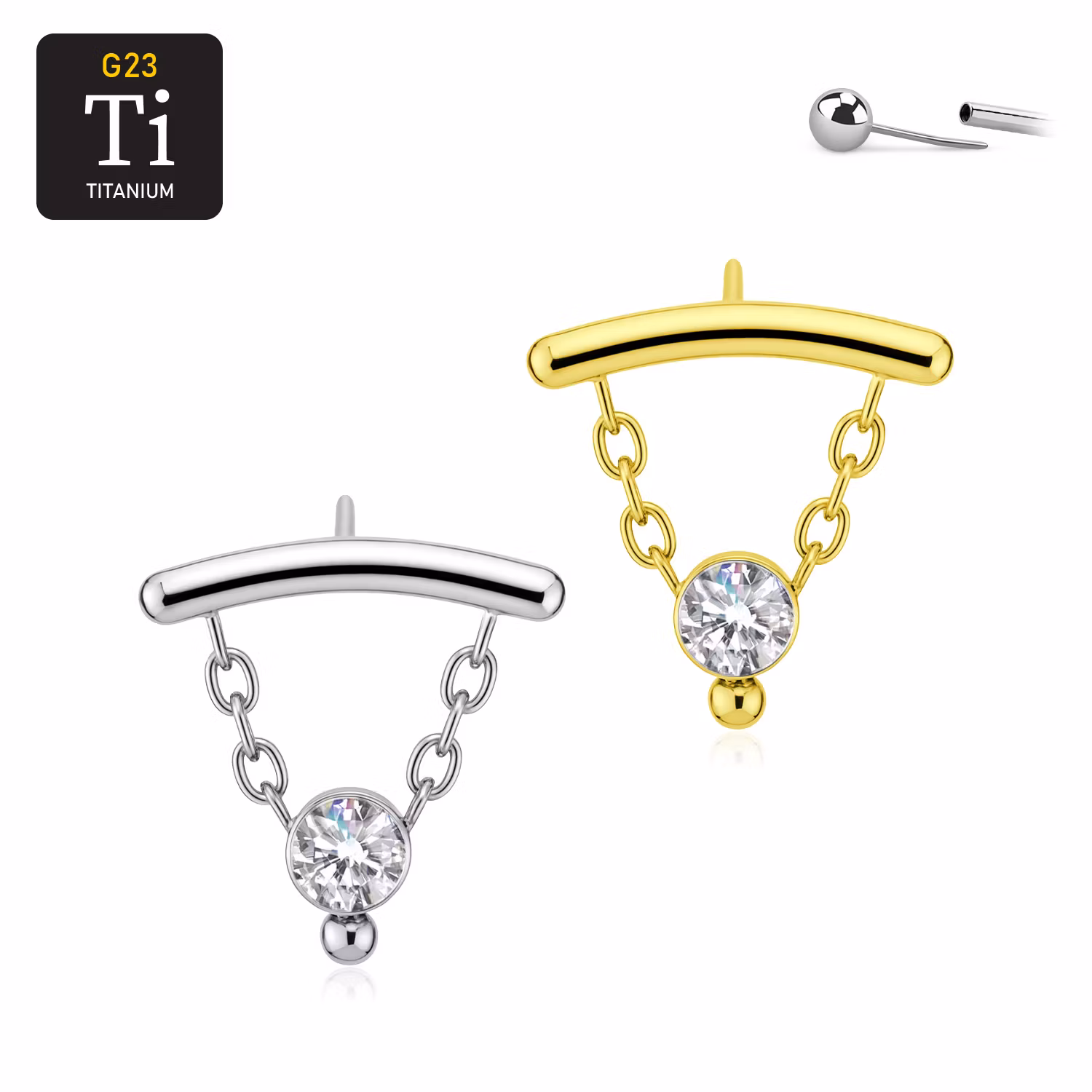 Threadless topp i titanium - hidden helix med kedjor och hänge med CZ och kula