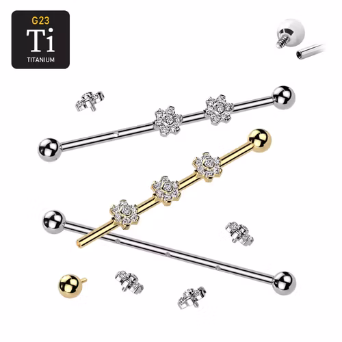 Titanium industrial barbell 1.6mm med 3st blommor med cubic zirconia