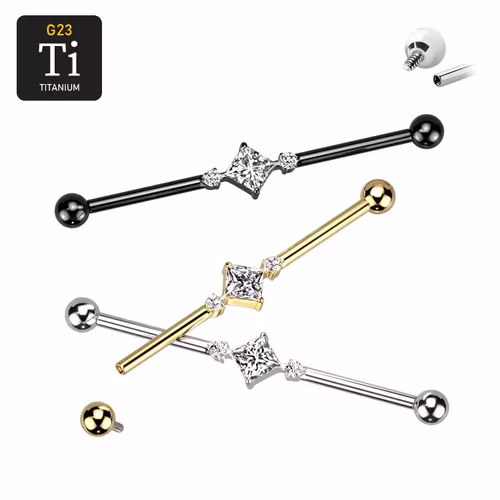 Titanium industrial barbell 1.6mm med fyrkantig och runda cubic zirconia