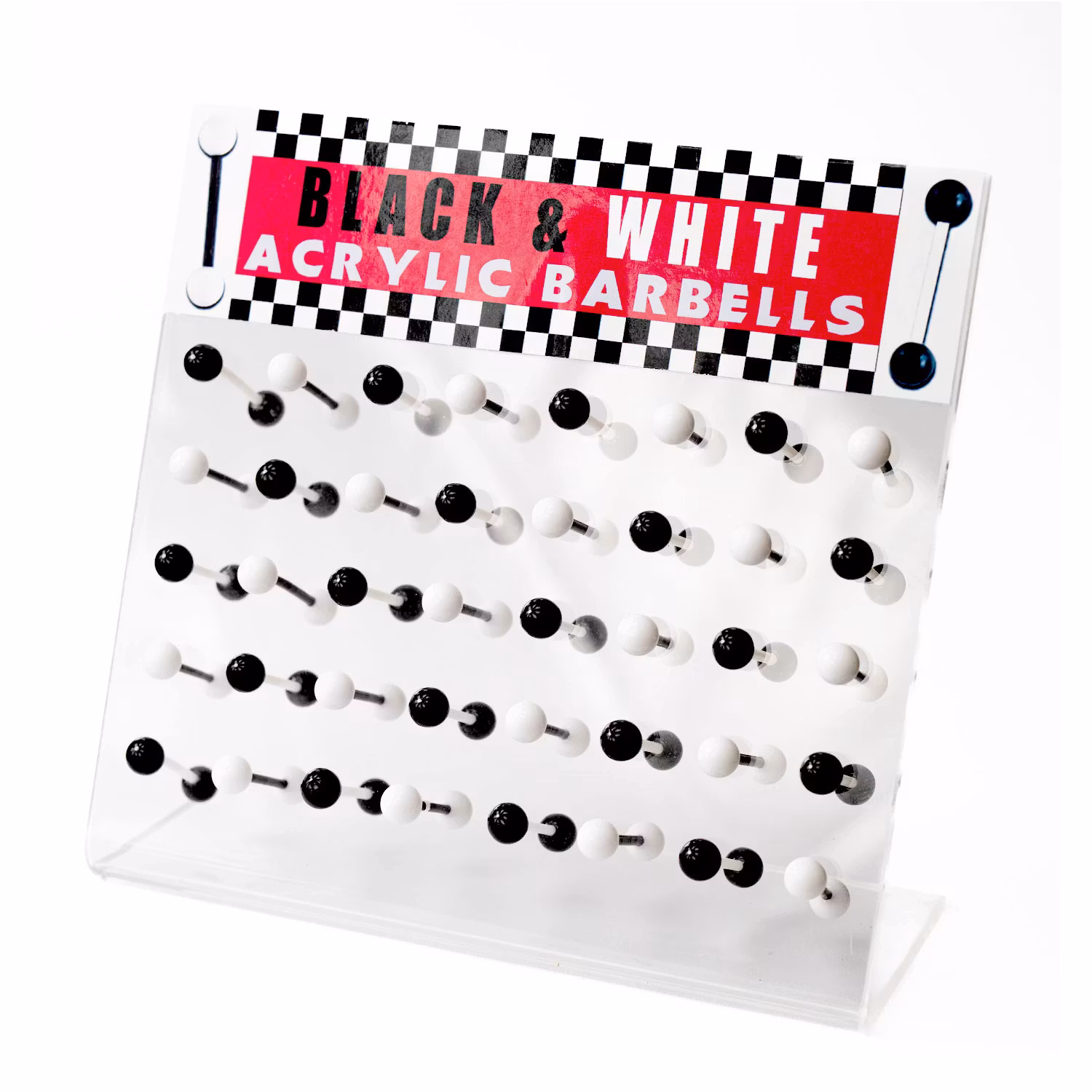 Display med 40st barbeller / tungstavar i svart & vit akrylplast