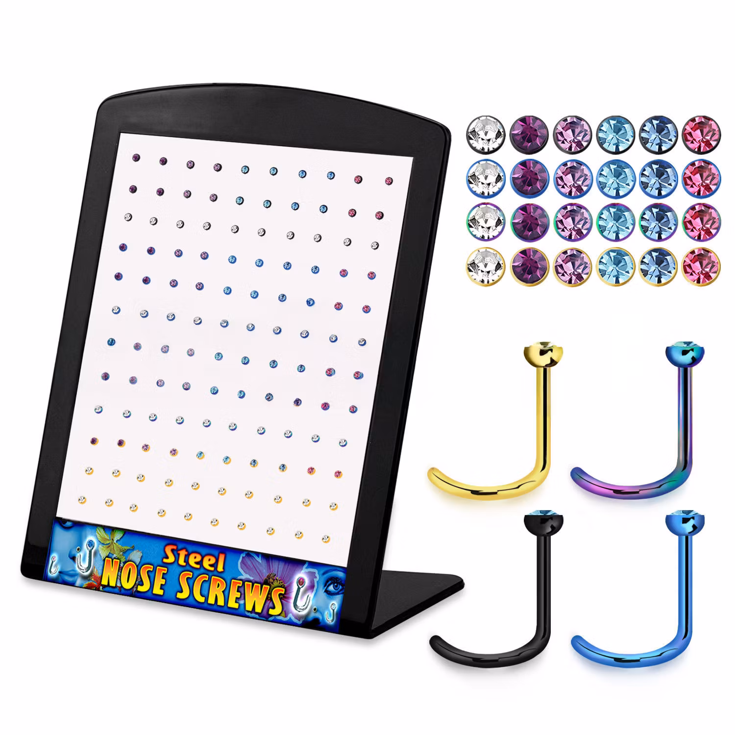 Display med 120st nässmycken i PVD-pläterad kirurgiskt stål med crystal