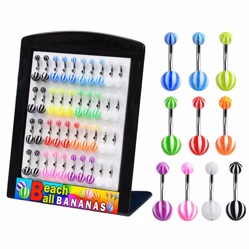 Display med 40st navelsmycken med "beach ball" kulor i akrylplast