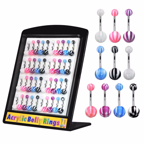 Display med 40st navelsmycken med "beach ball och rutor" kulor i akrylplast