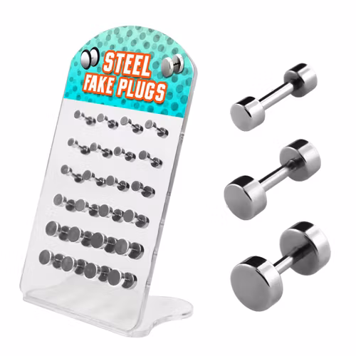 Liten display med 24st fakepluggar i kirurgiskt stål